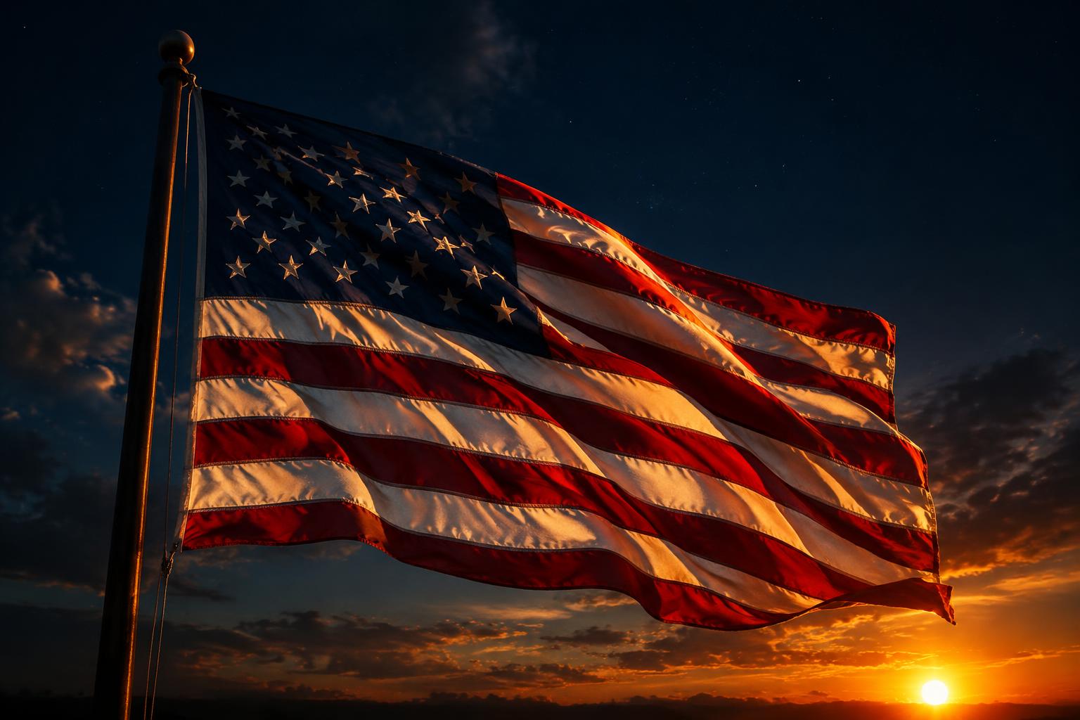 An American flag waving at sunset